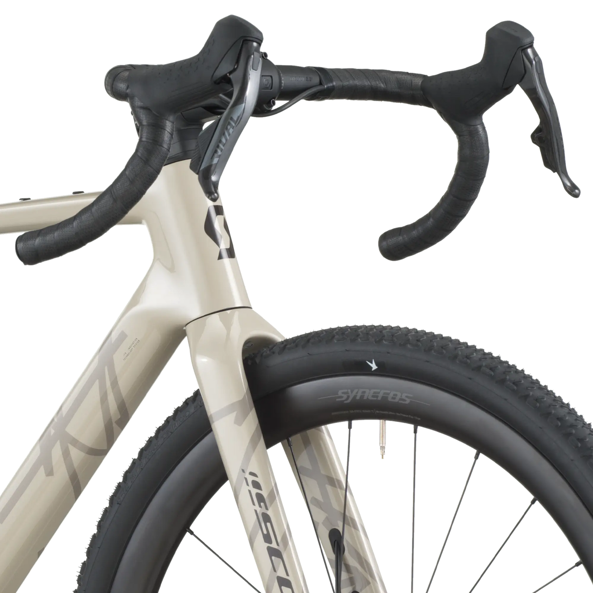 Close-up of a bicycle with Syncros branding on a white background