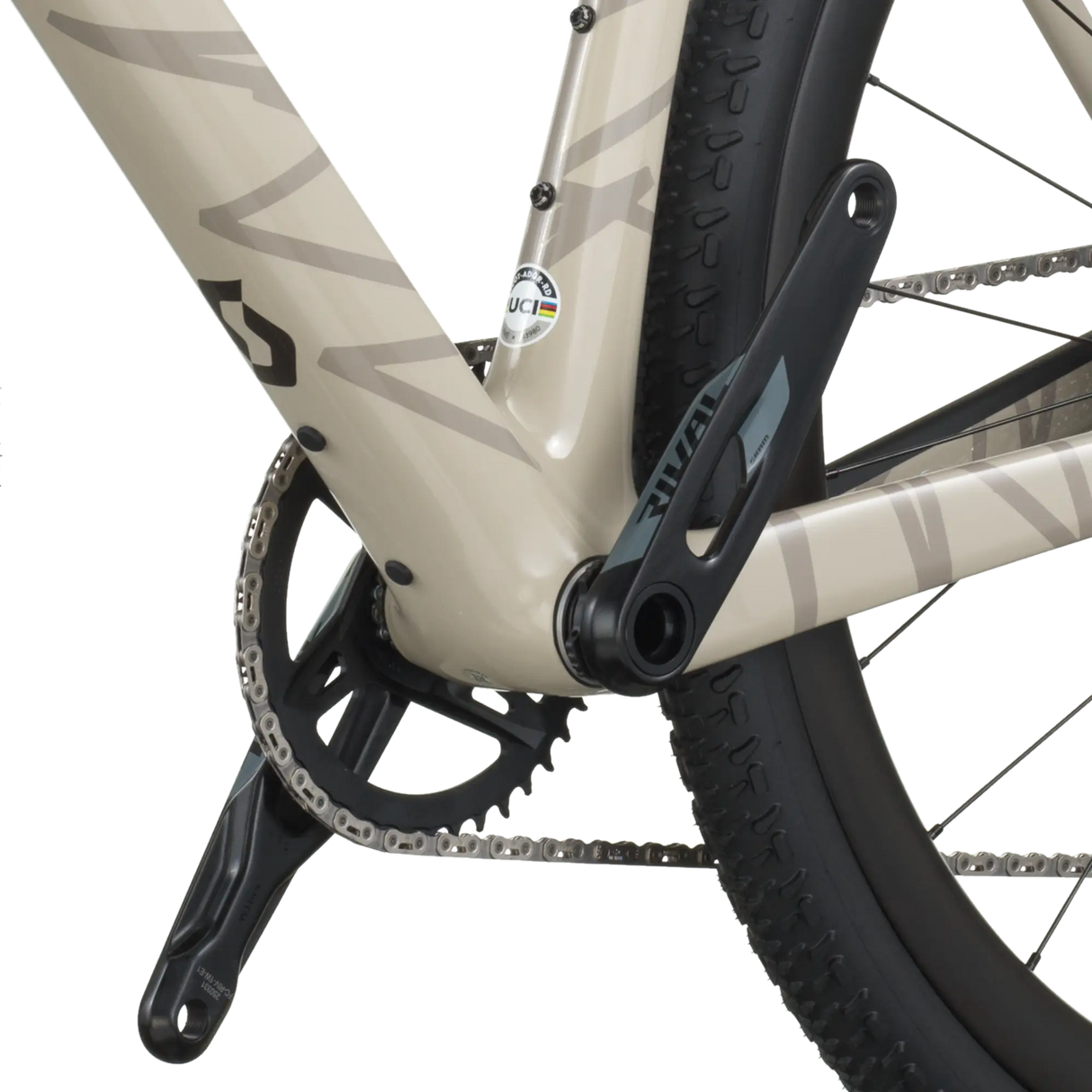 Close-up of a bicycle chain and gear system on a white background