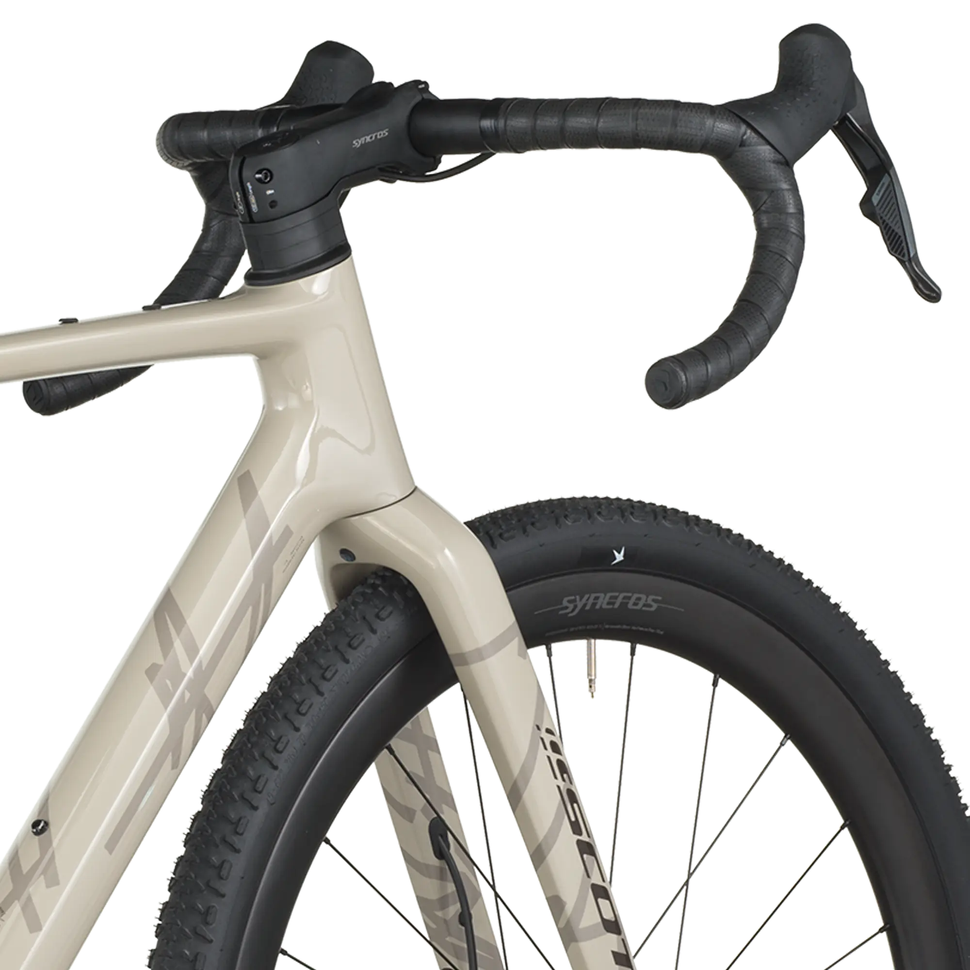 Close-up of a bicycle with beige frame and black tires on a white background