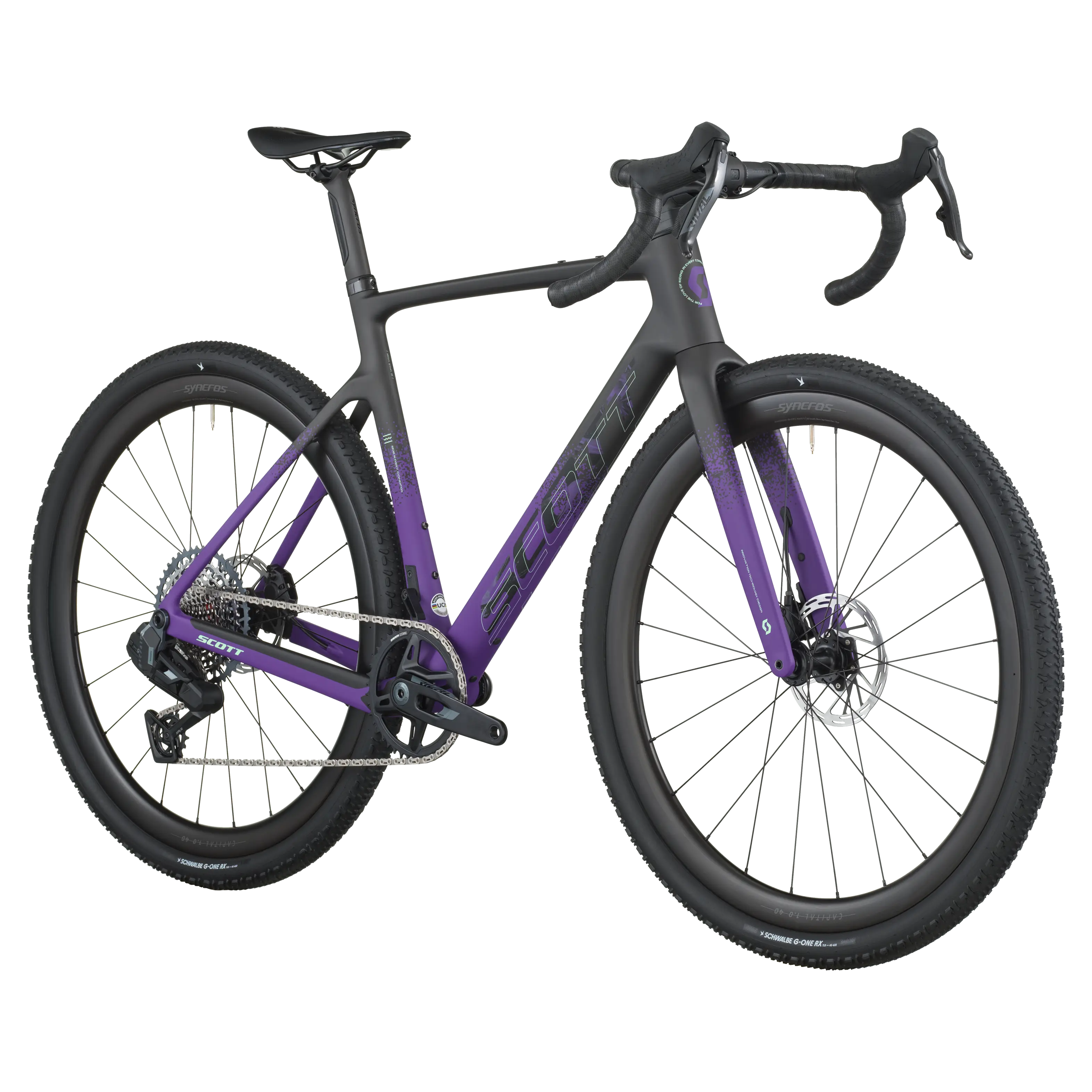 Close-up of a bicycle with a black frame and purple accents on a white background