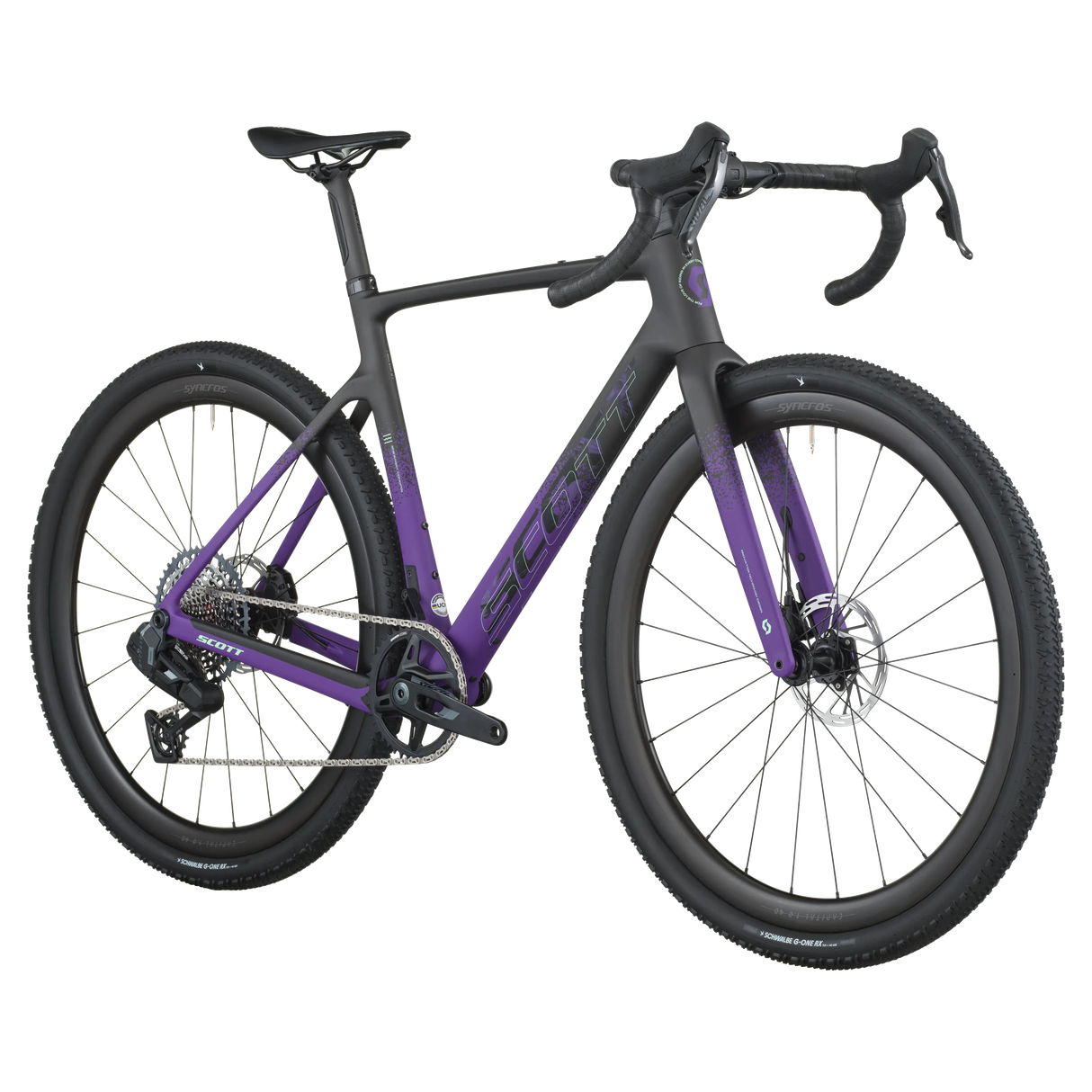 Close-up of a bicycle with a black frame and purple accents on a white background