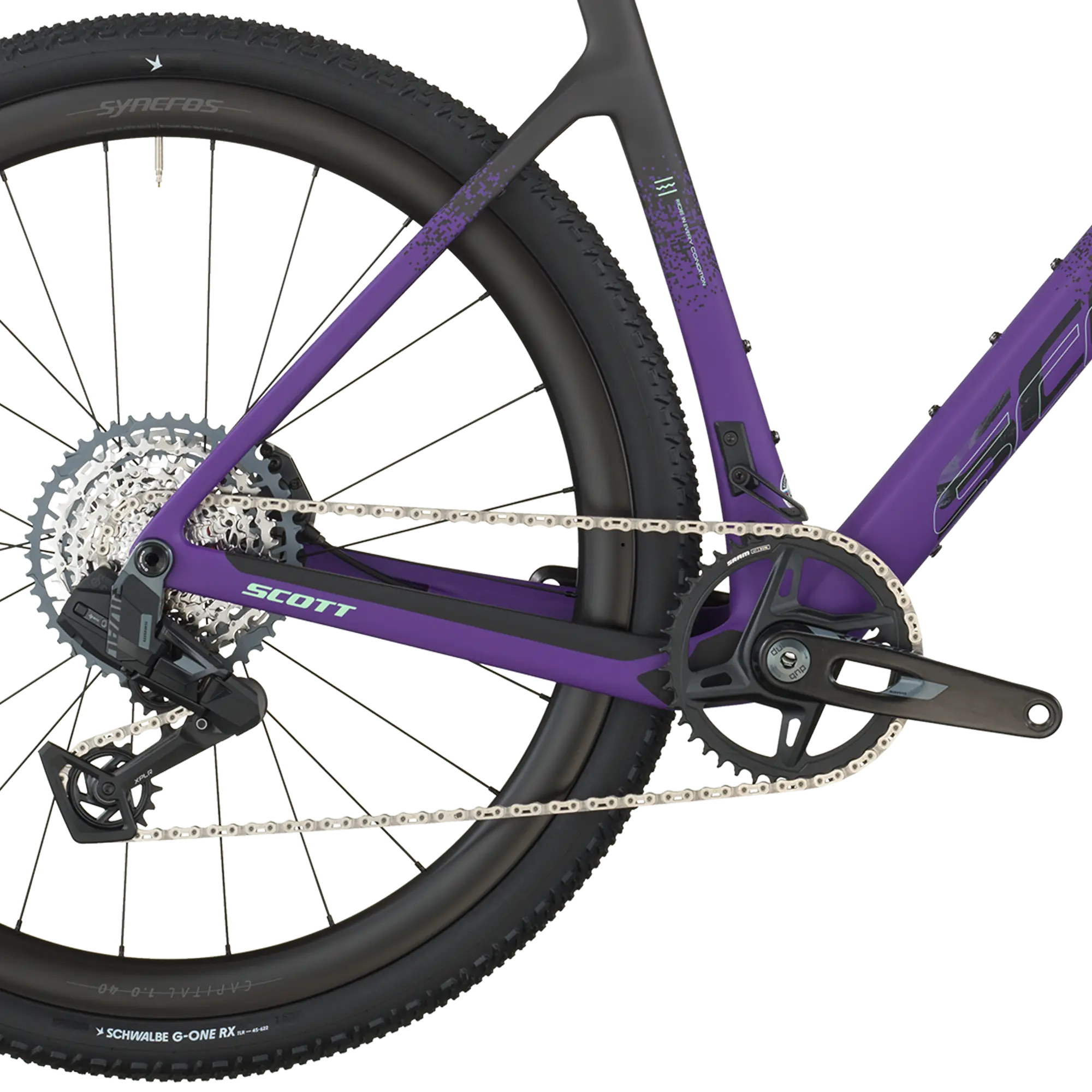 Close-up of a purple bicycle with visible brand logos on a white background