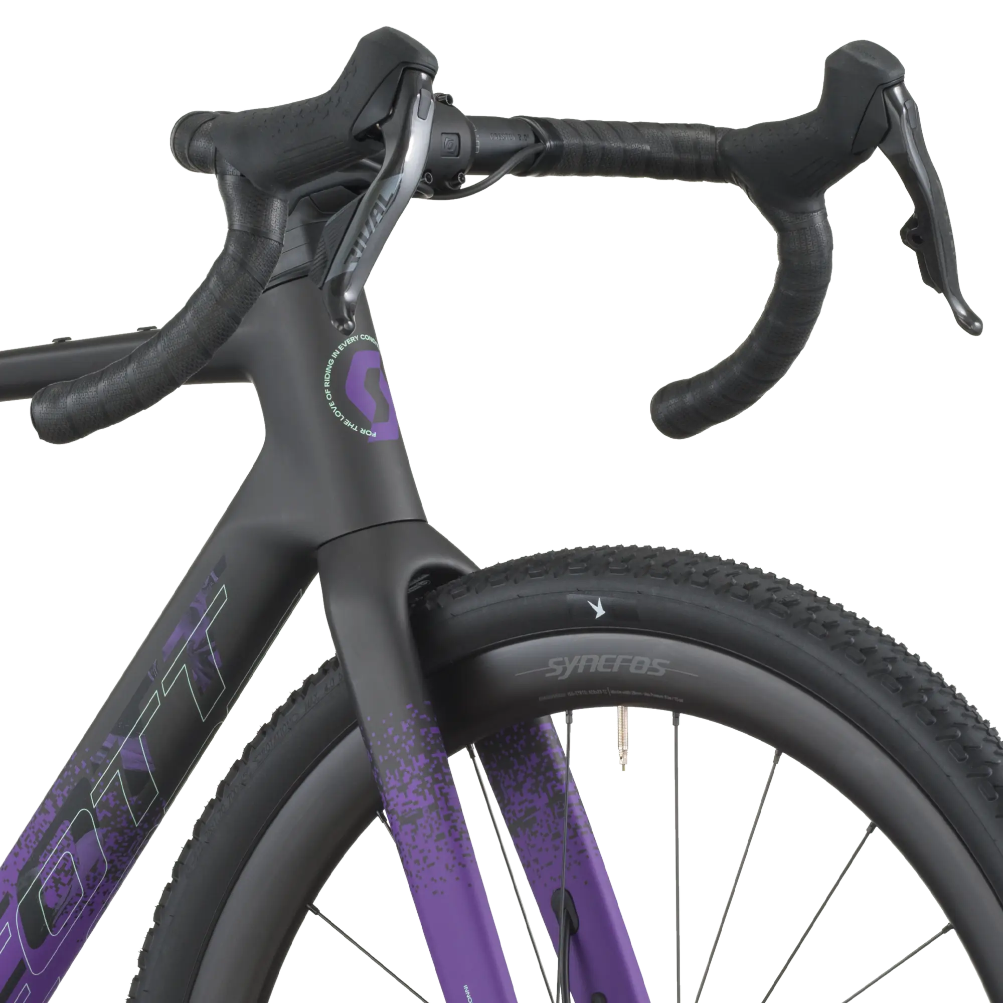 Close-up of a bicycle with a black and purple frame on a white background