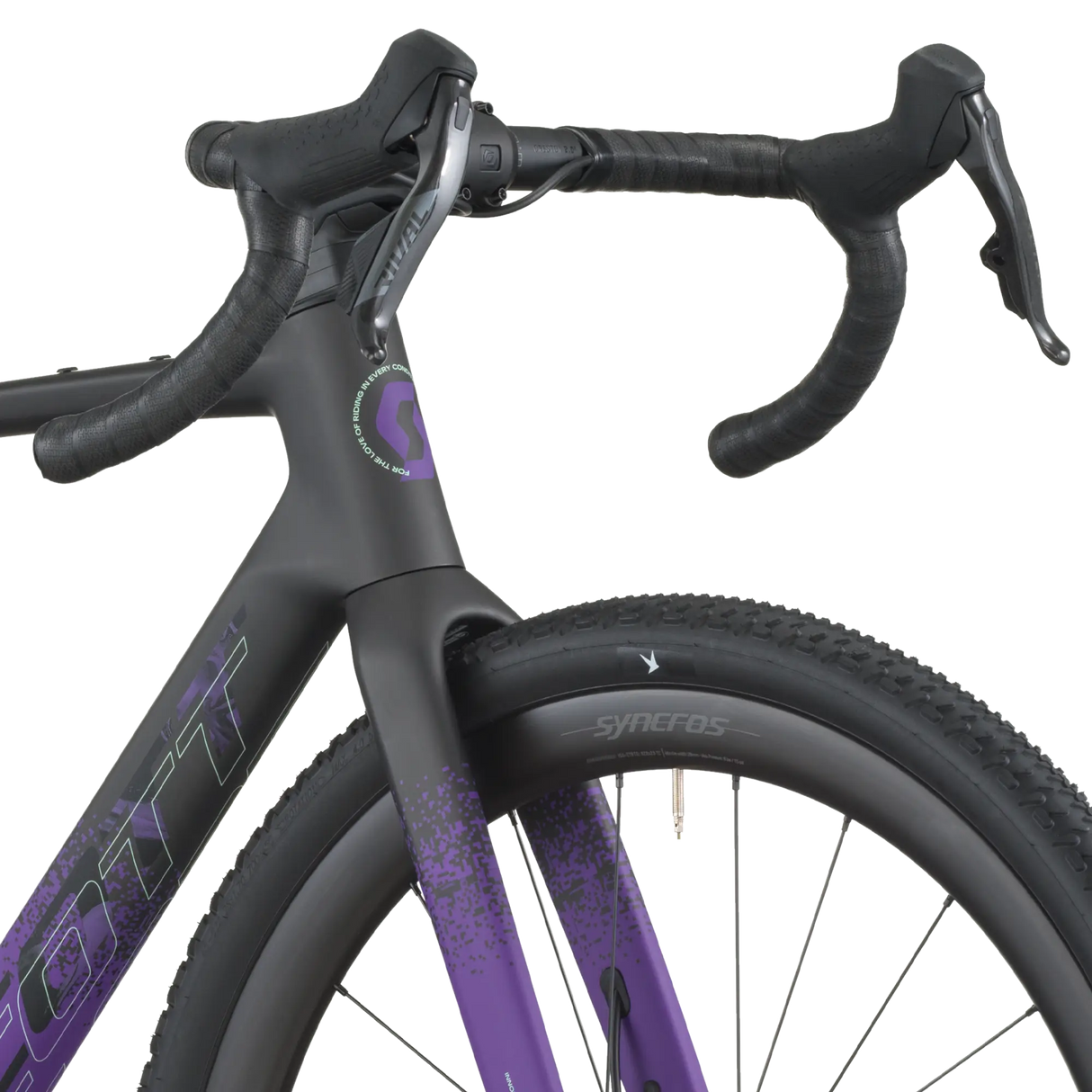 Close-up of a bicycle with a black and purple frame on a white background