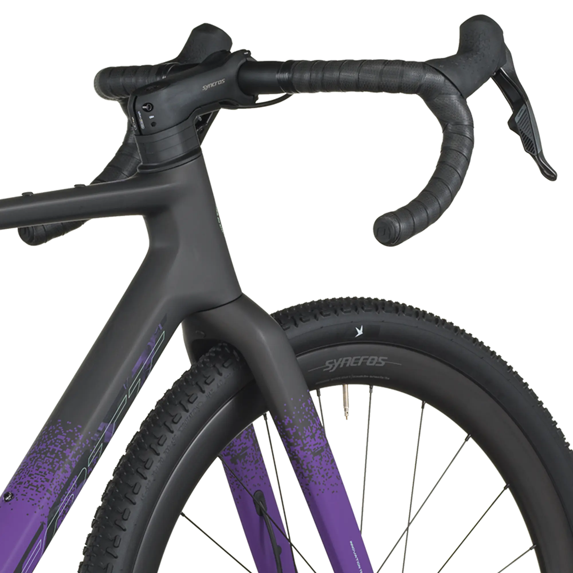 Close-up of a bicycle with Syncros branding on a white background