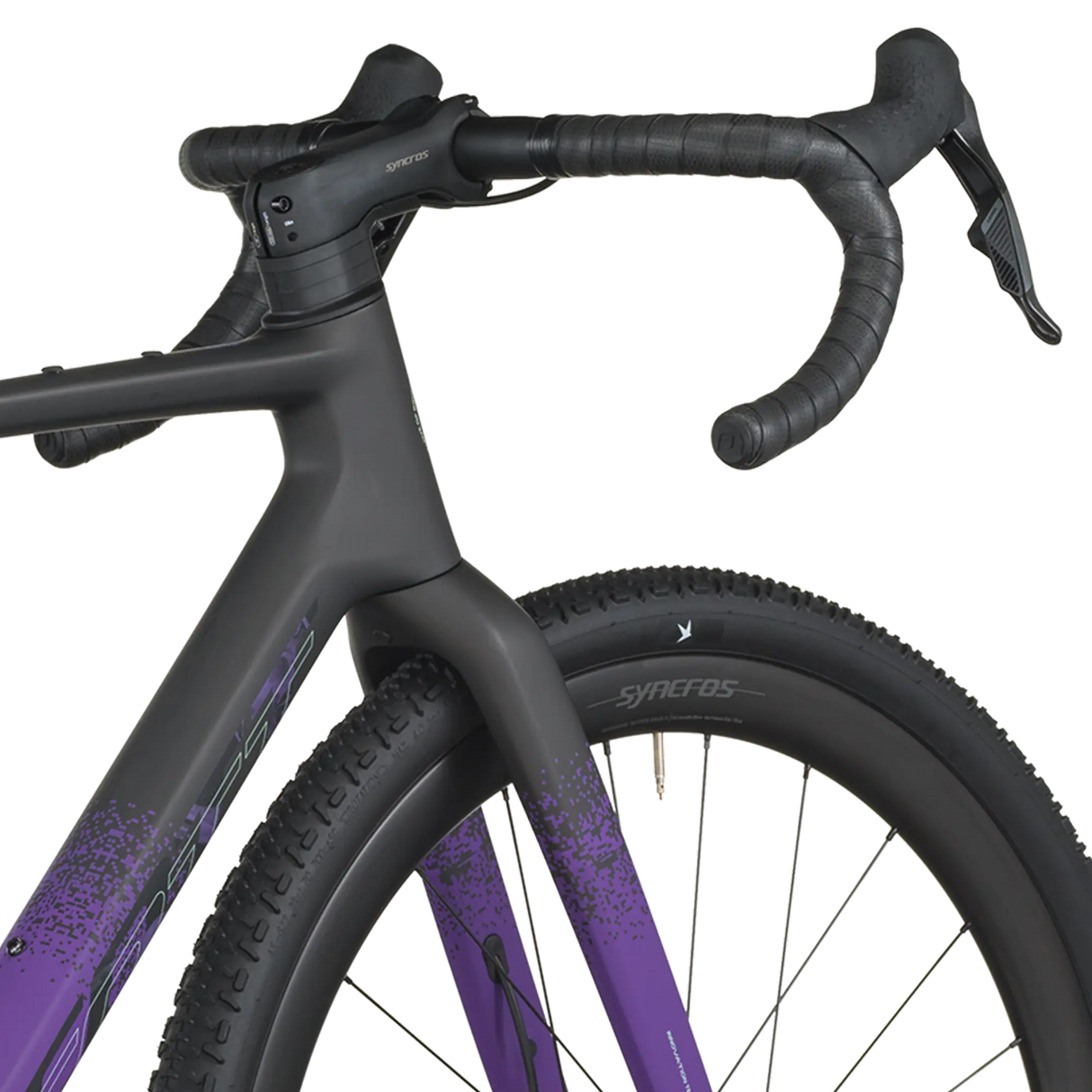 Close-up of a bicycle with Syncros branding on a white background