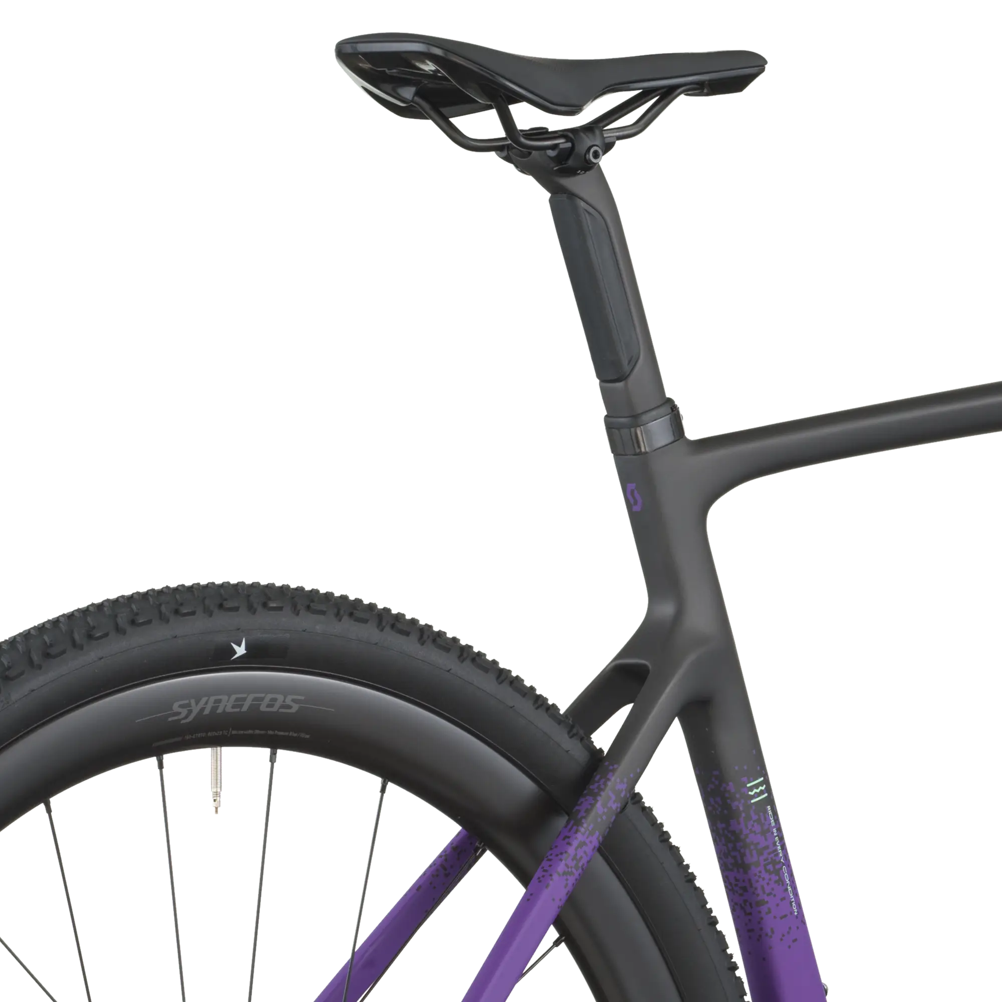 Close-up of a bicycle with a black frame and purple accents on a white background