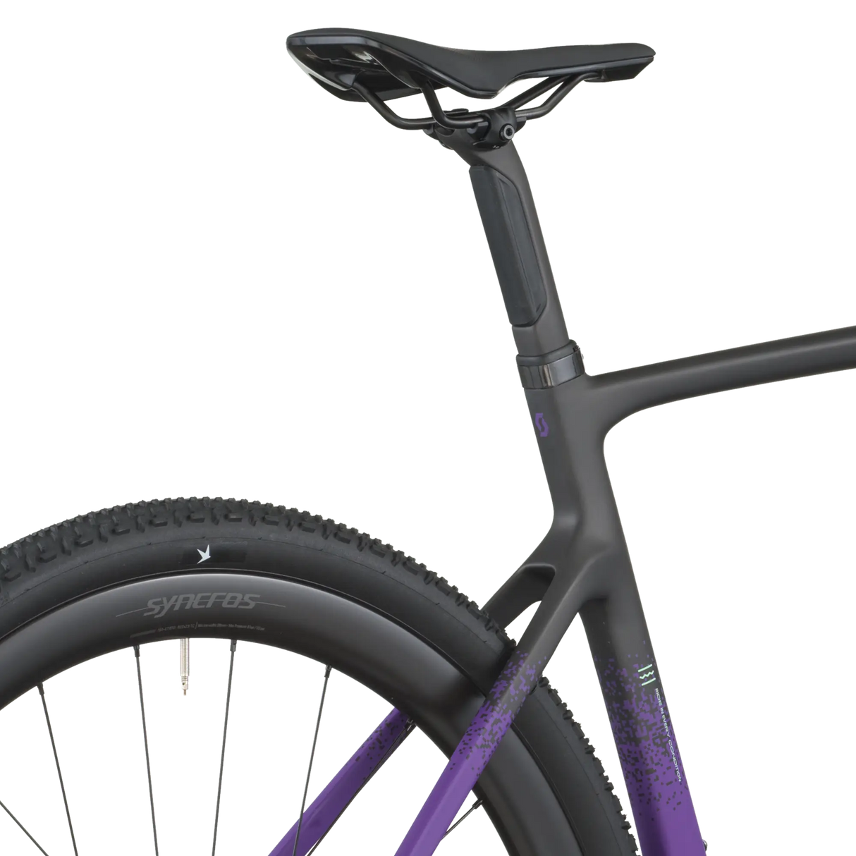 Close-up of a bicycle with a black frame and purple accents on a white background