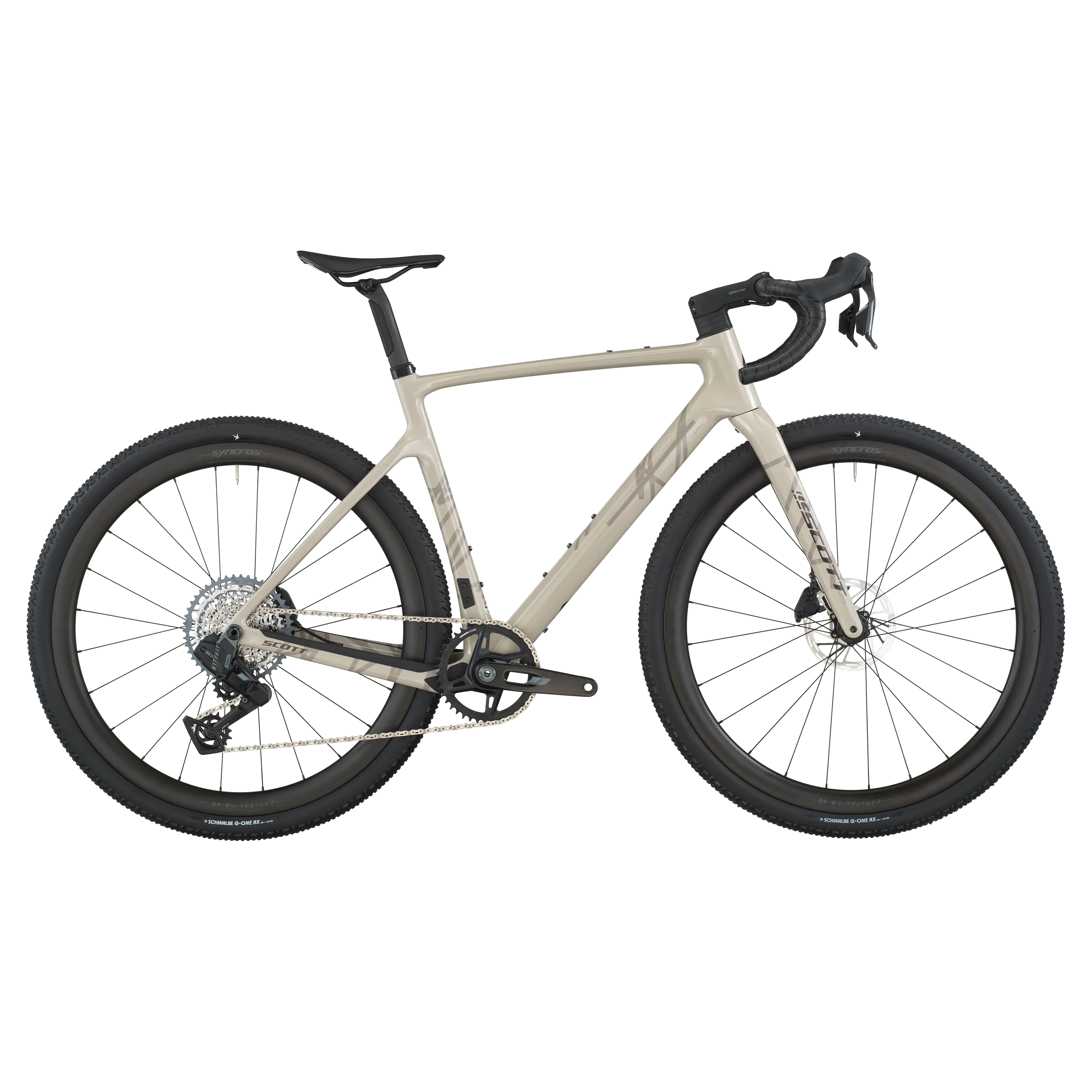 Close-up of a bicycle with beige frame and black tires on a white background