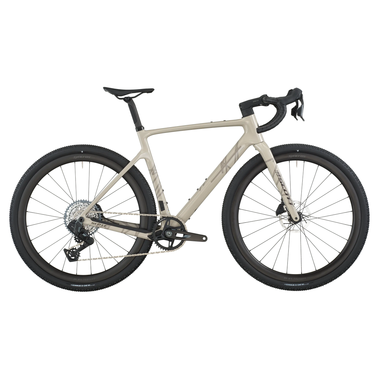 Close-up of a bicycle with beige frame and black tires on a white background