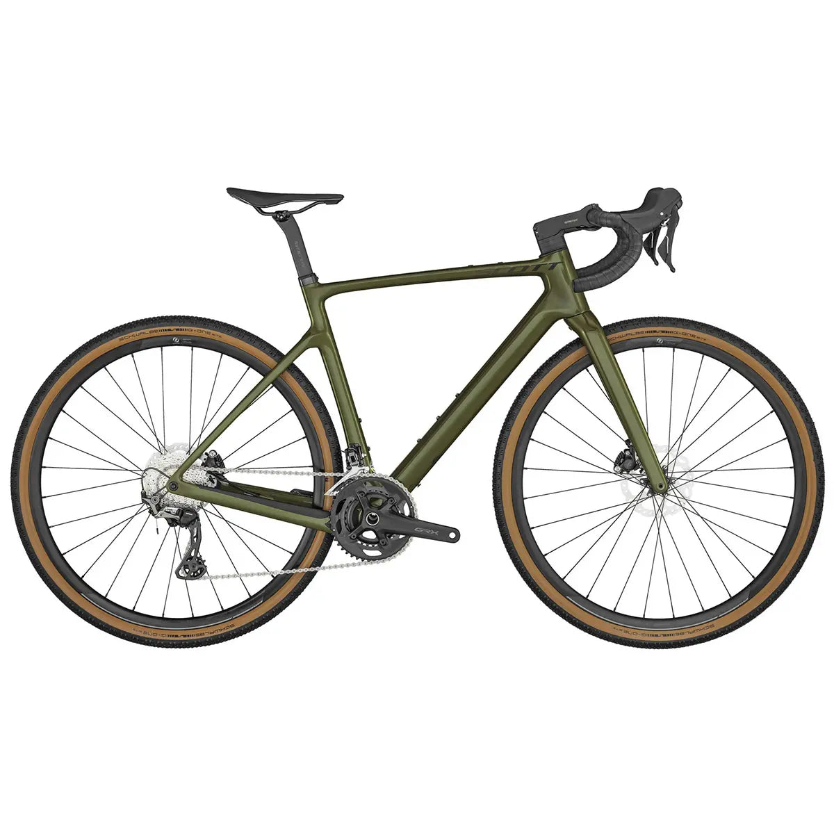 The Scott Addict Gravel 30 Olive Green is a stylish gravel bike with a sleek frame, drop handlebars, and tan sidewall tires. It features a black saddle and disc brakes, set against a plain white background.
