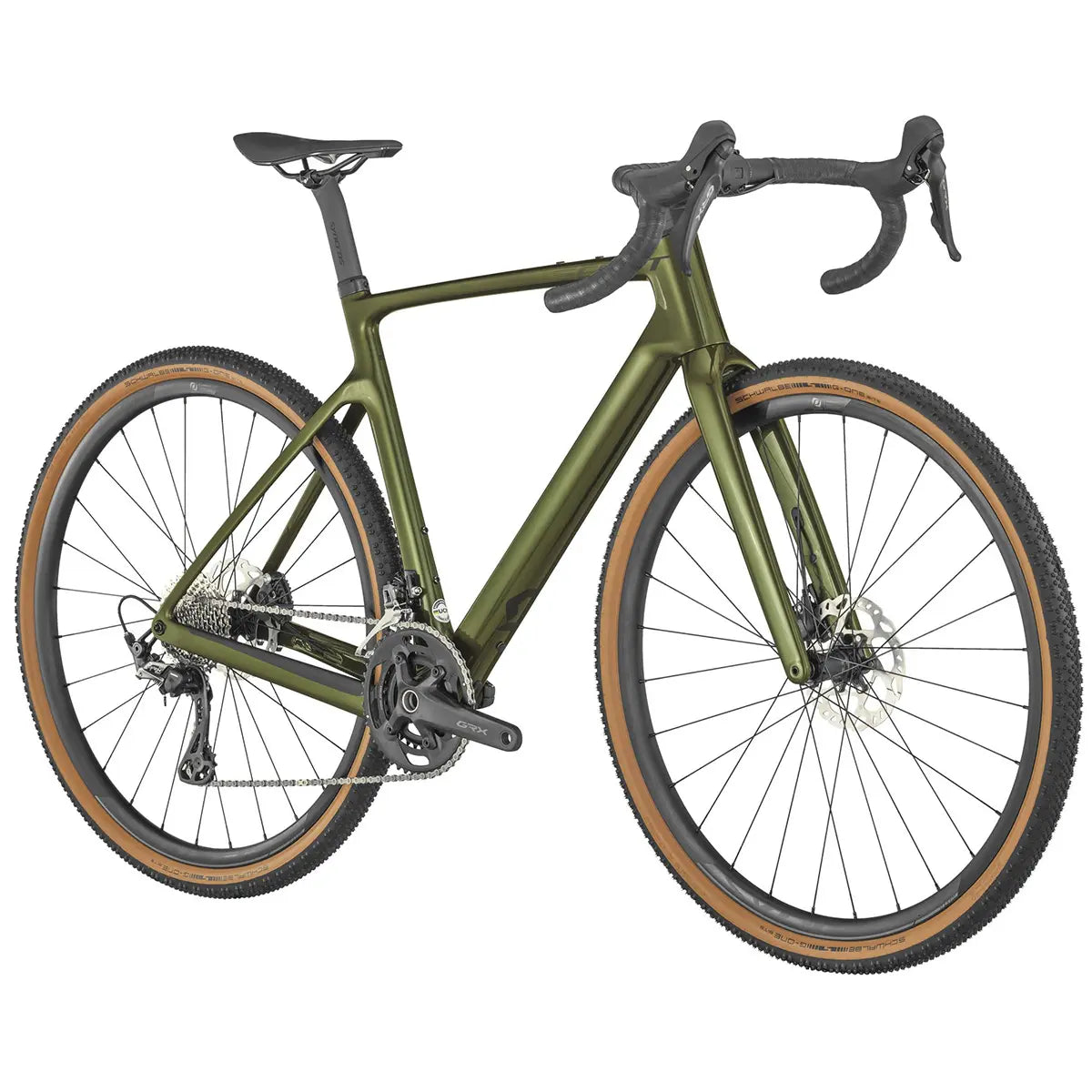 The product is the Scott Addict Gravel 30 Olive Green, a gravel bike featuring a sleek frame with drop handlebars and brown tires. It comes equipped with disc brakes and a gear system, prominently standing upright against a white background.