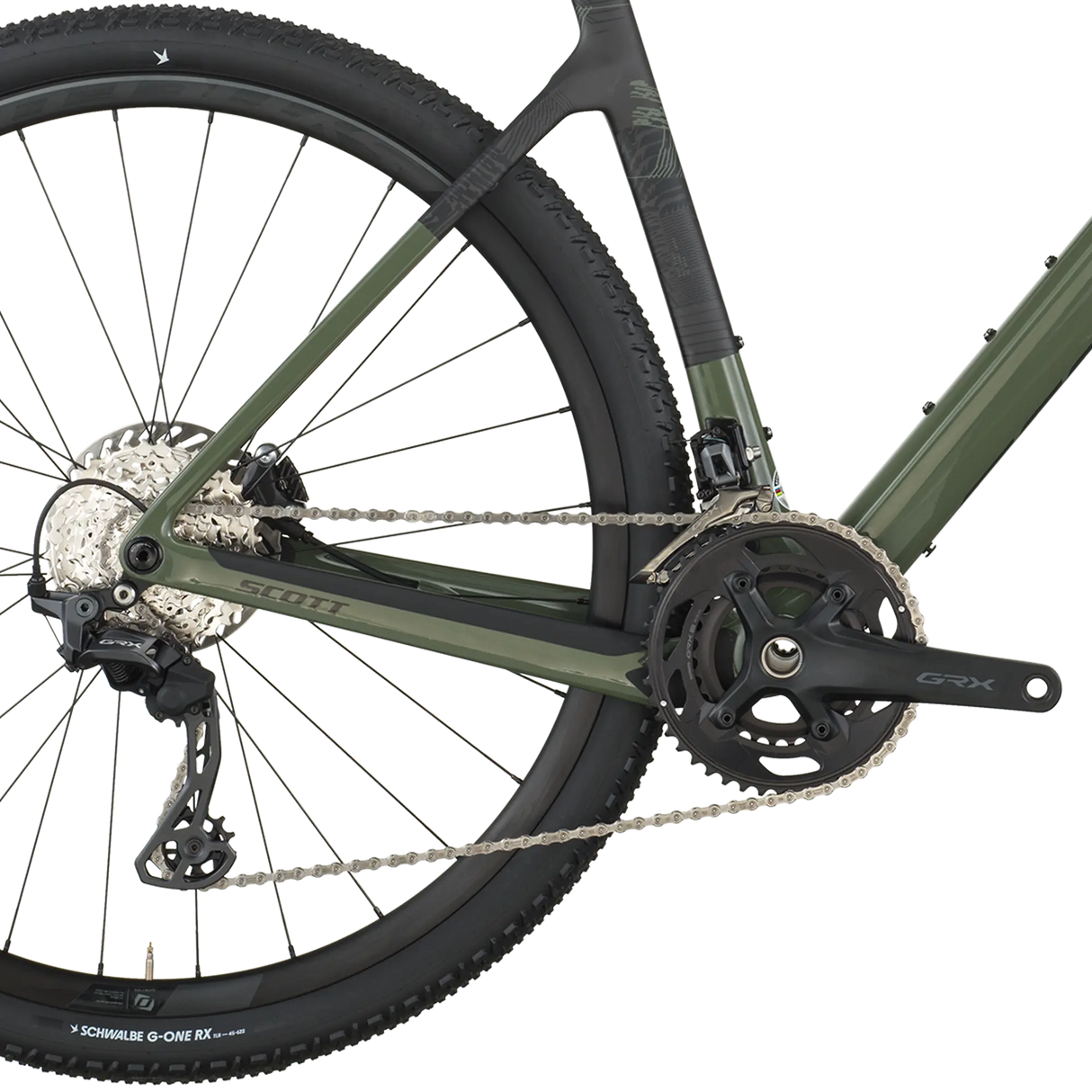 Close-up of a bicycle chain and gear system on a white background