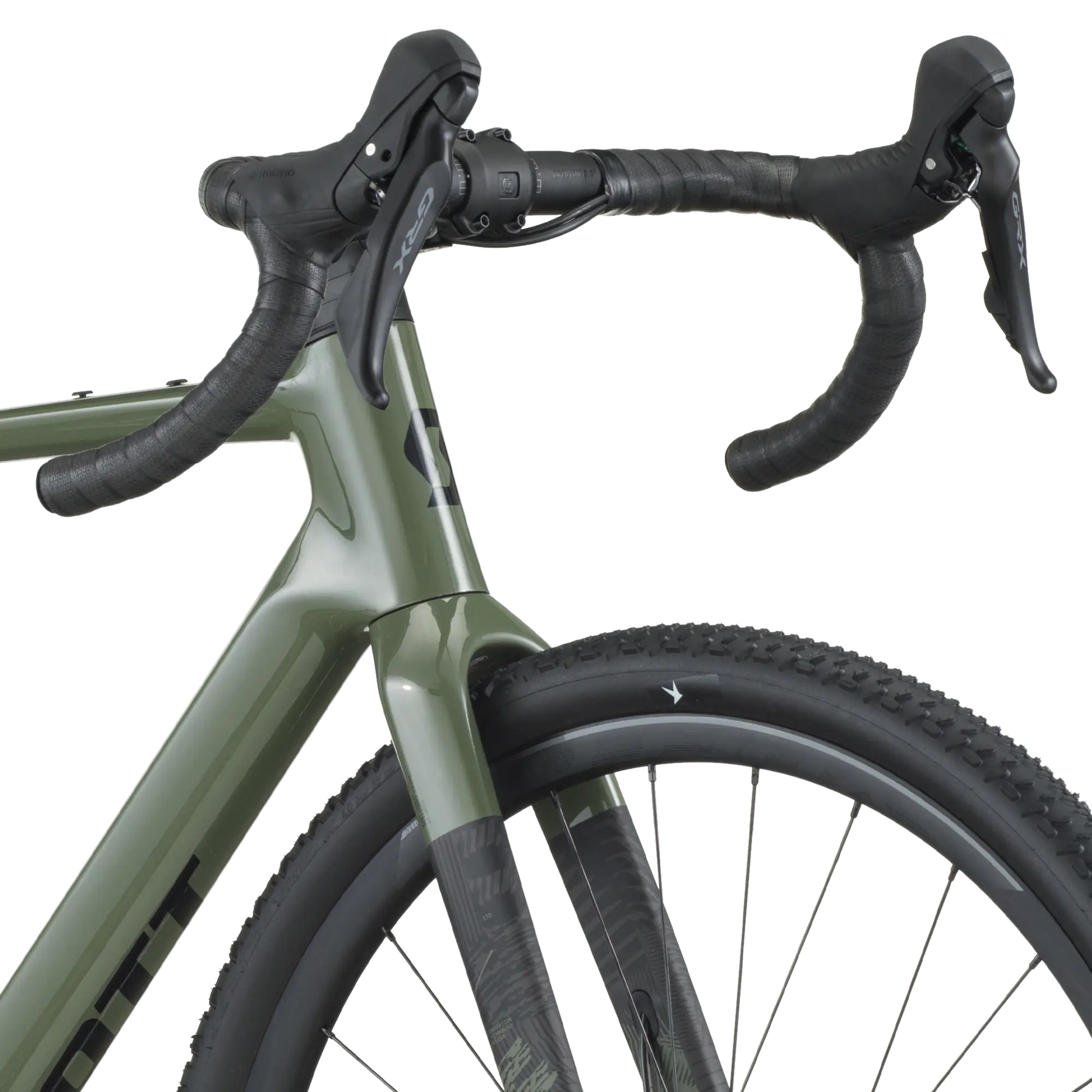 Close-up of a bicycle handlebar and front section on a white background