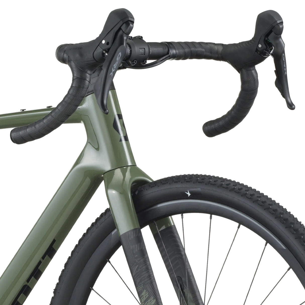 Close-up of a bicycle handlebar and front section on a white background