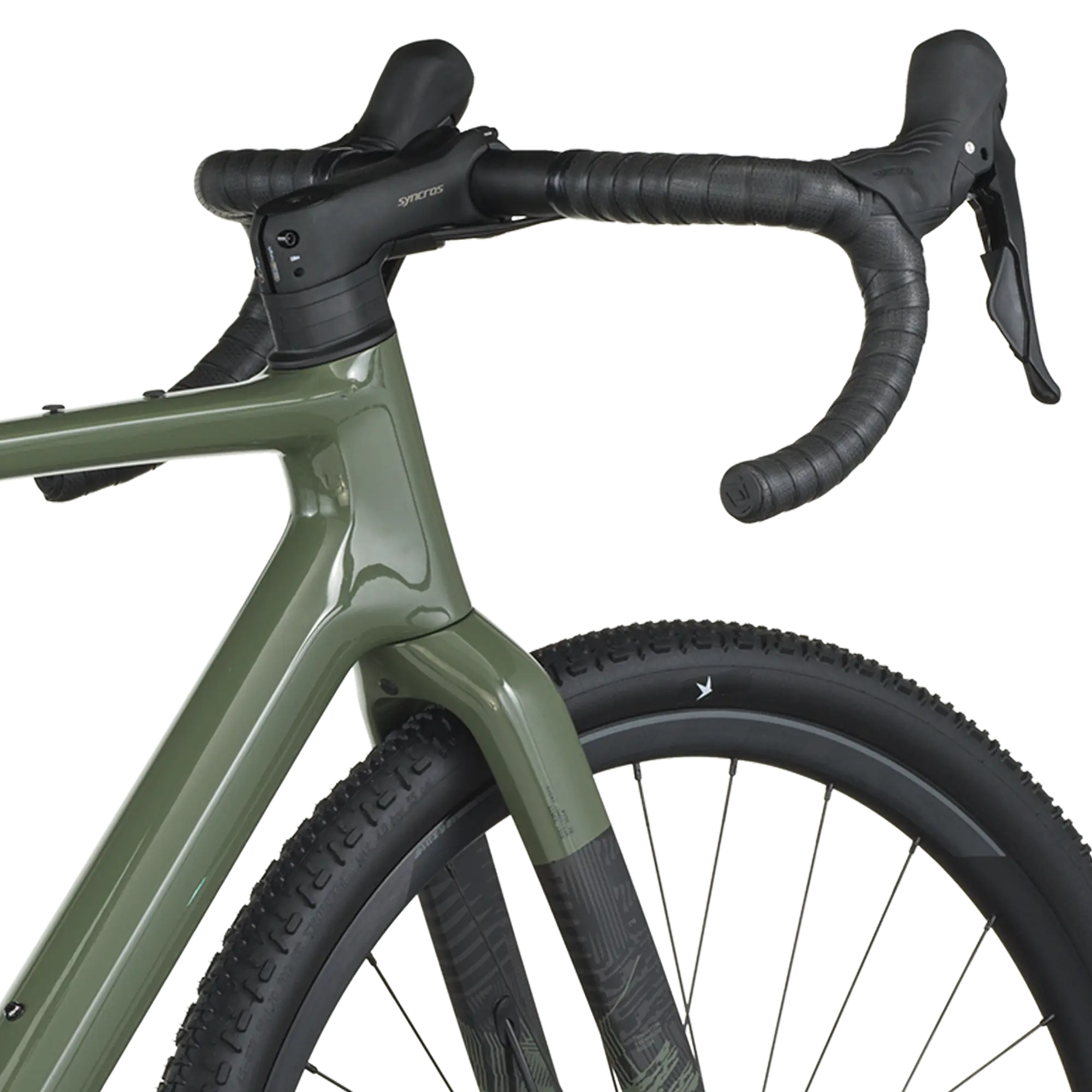 Close-up of a green bicycle with black handlebars on a white background