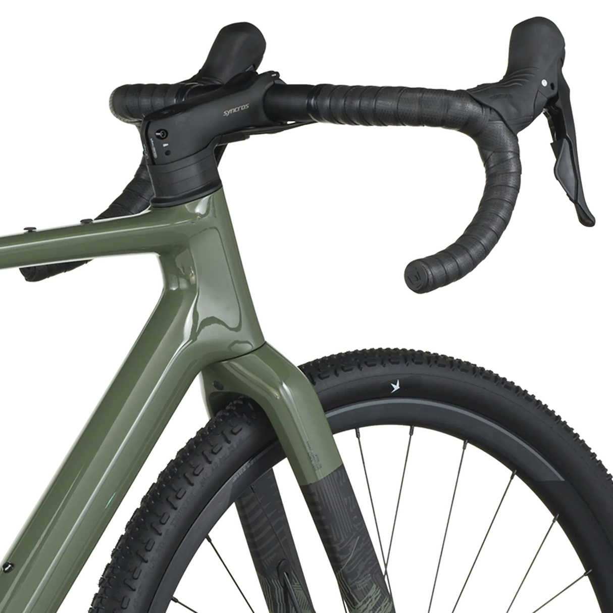 Close-up of a green bicycle with black handlebars on a white background