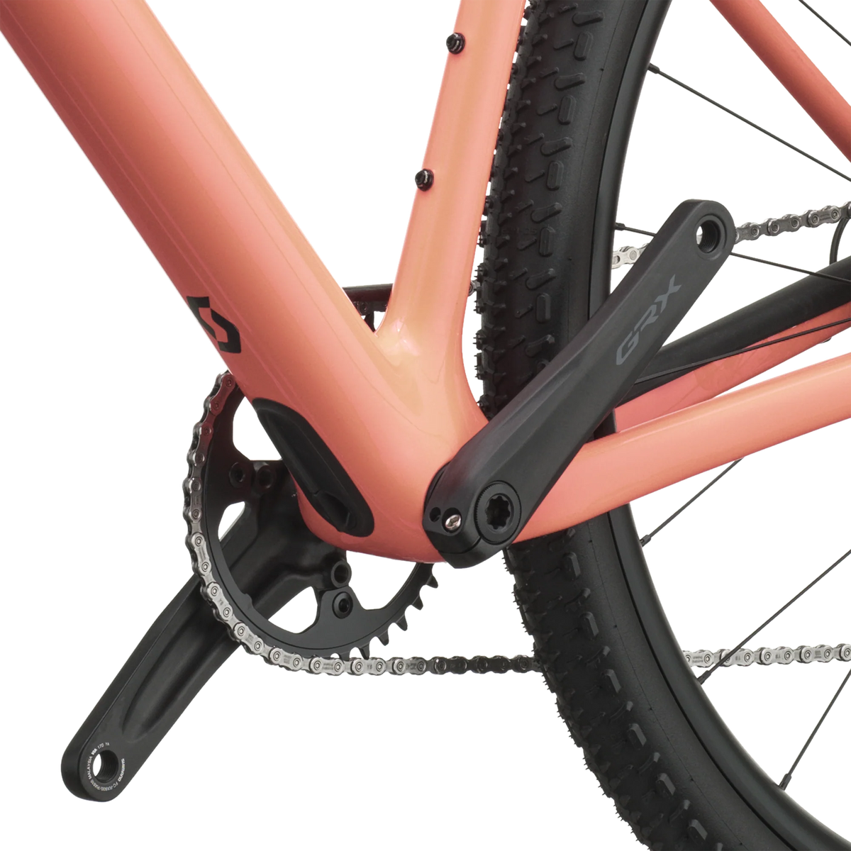 Scott Addict Gravel 40 2027 in peach pink, crankset and bottom bracket