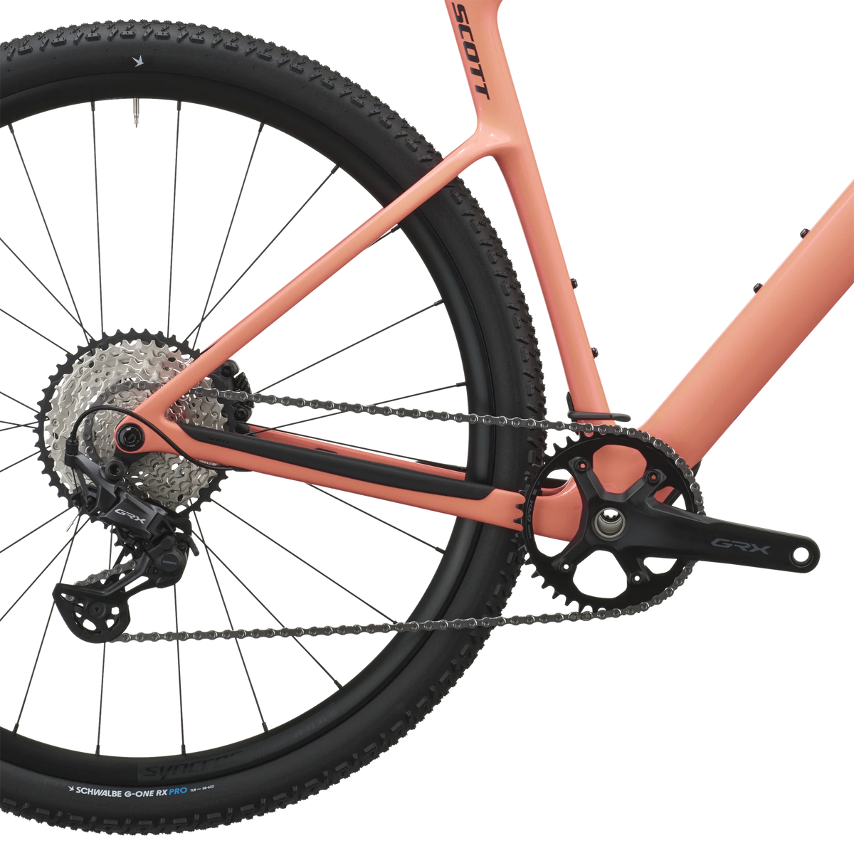 Scott Addict Gravel 40 2027 in peach pink, cassette and rear derailleur