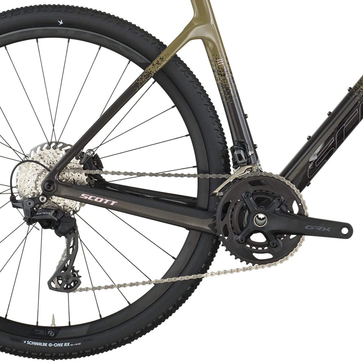 Close-up of a bicycle's rear wheel and gear system on a white background