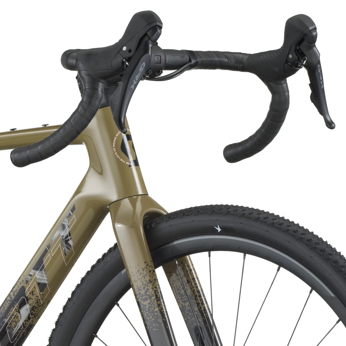 Close-up of a bicycle handlebar and front wheel on a white background