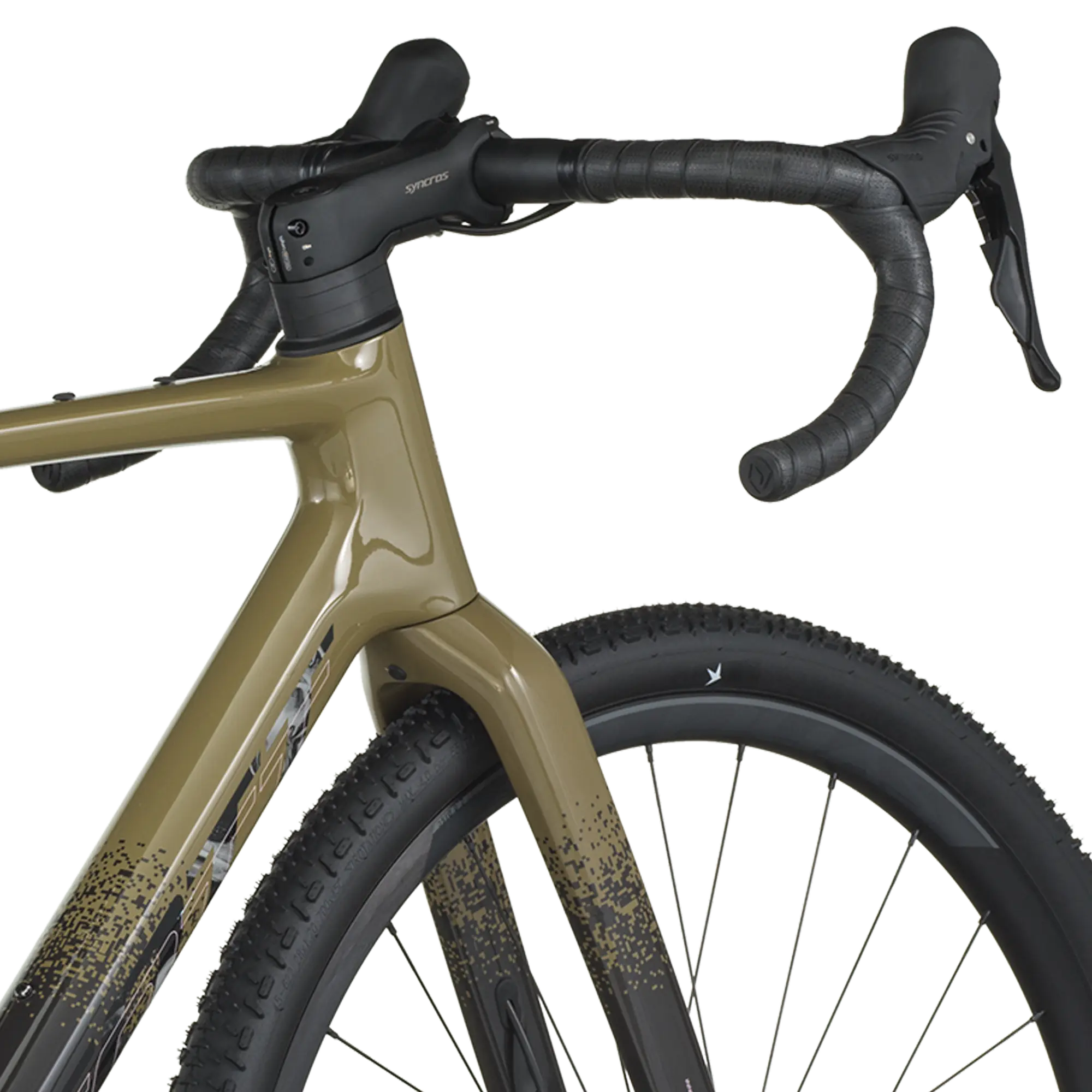Close-up of a bicycle with a beige frame and black components on a white background
