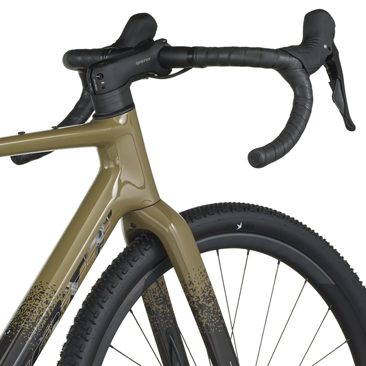 Close-up of a bicycle with a beige frame and black components on a white background