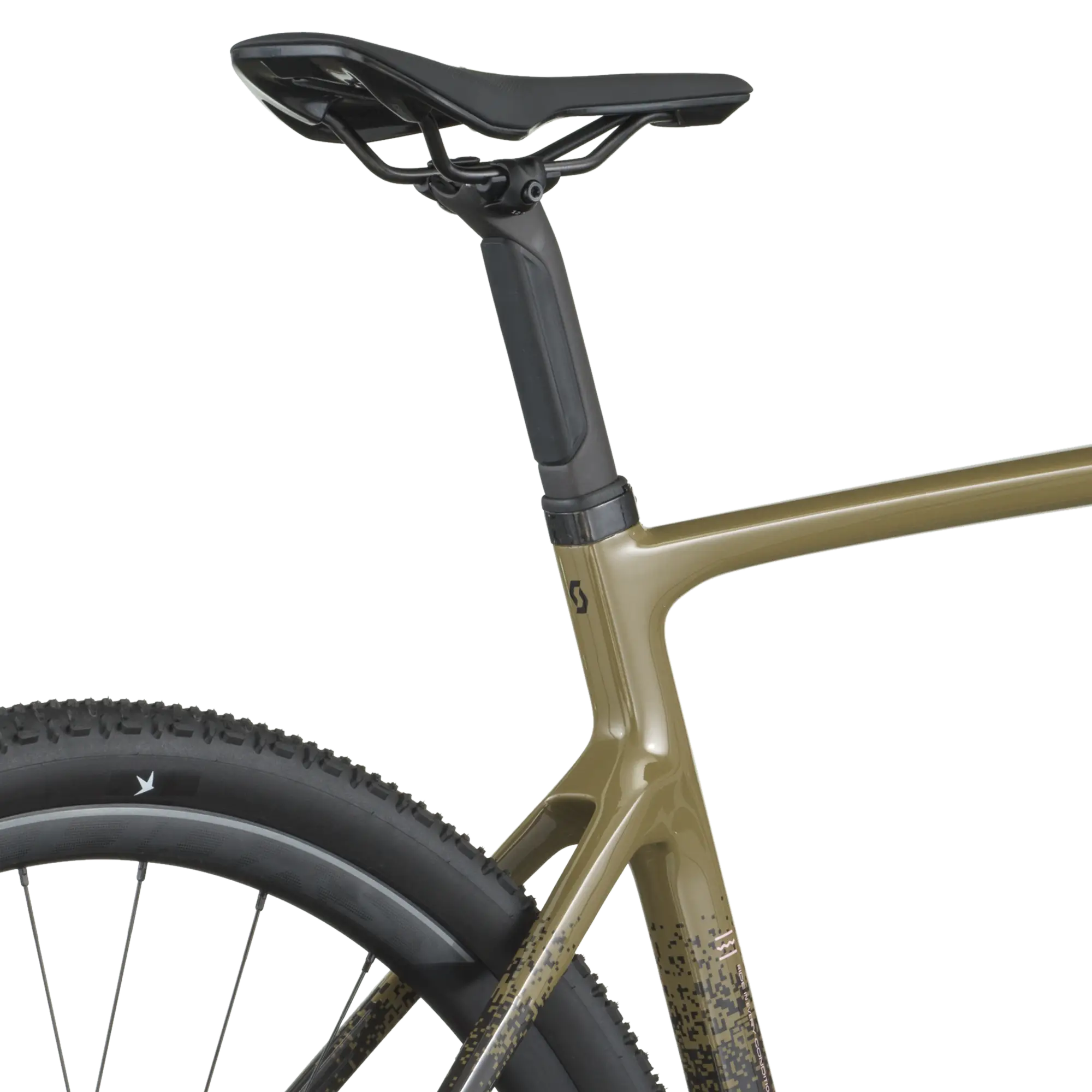 Close-up of a bicycle frame with a seat and seatpost on a white background