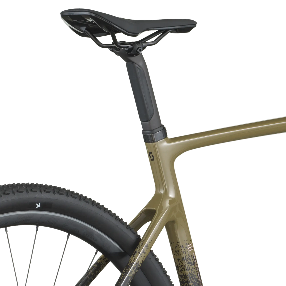 Close-up of a bicycle frame with a seat and seatpost on a white background