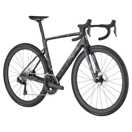 Side angle of Scott Addict RC 10 Road Bike showcasing aerodynamic design, lightweight carbon frame, and integrated handlebars.