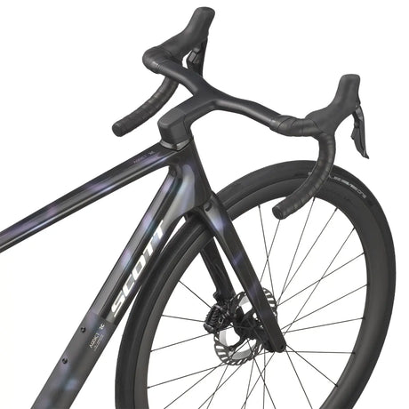 Close-up of Scott Addict RC 10 Road Bike's handlebars and front fork, highlighting integrated design and premium finish.