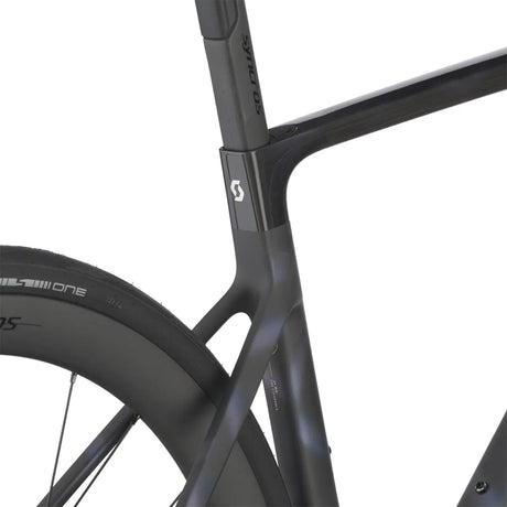 Rear section of Scott Addict RC 10 Road Bike highlighting carbon seat post, rear wheel, and sleek frame design.