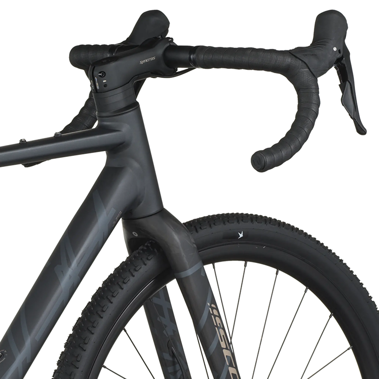 Close-up of a black bicycle with visible branding on a white background