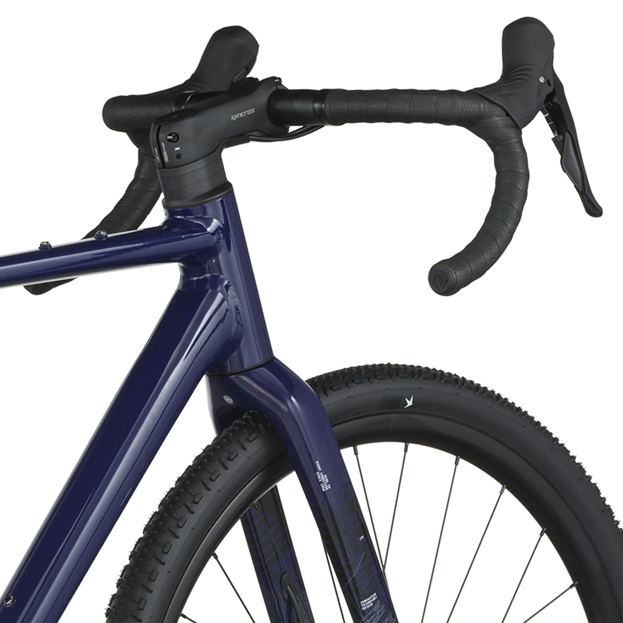 Close-up of a blue bicycle with black handlebars on a white background