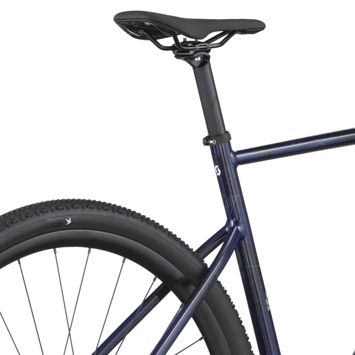 Navy bicycle frame with seat and wheel on a white background