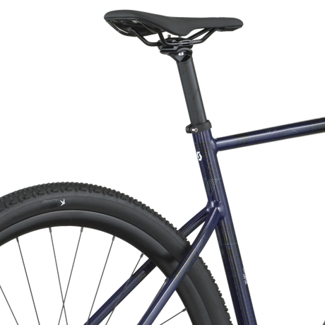 Navy bicycle frame with seat and wheel on a white background