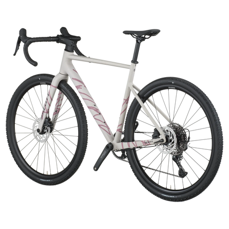 White bicycle with black components on a white background