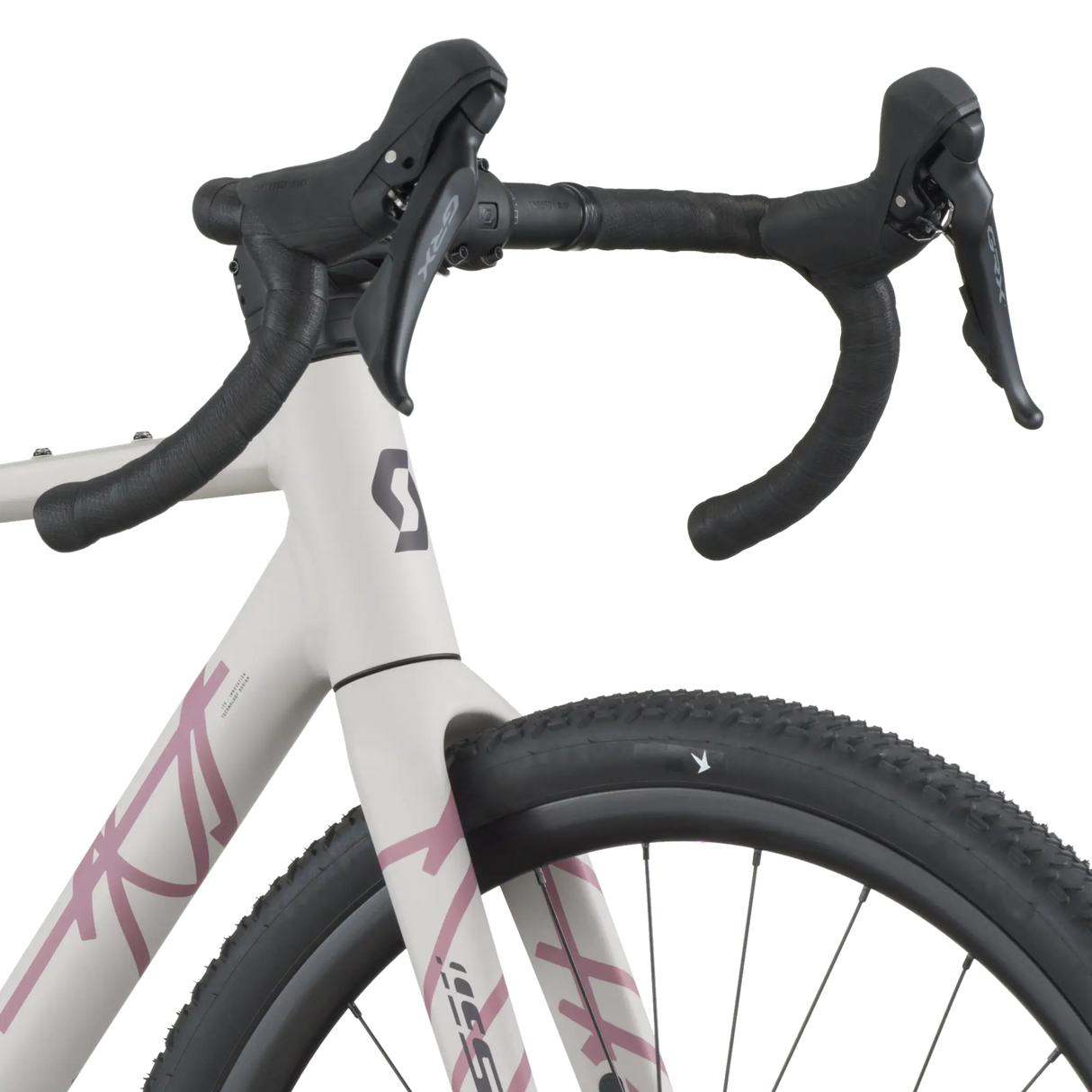 Close-up of a bicycle handlebar with white frame and pink accents on a white background
