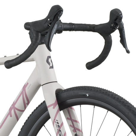 Close-up of a bicycle handlebar with white frame and pink accents on a white background