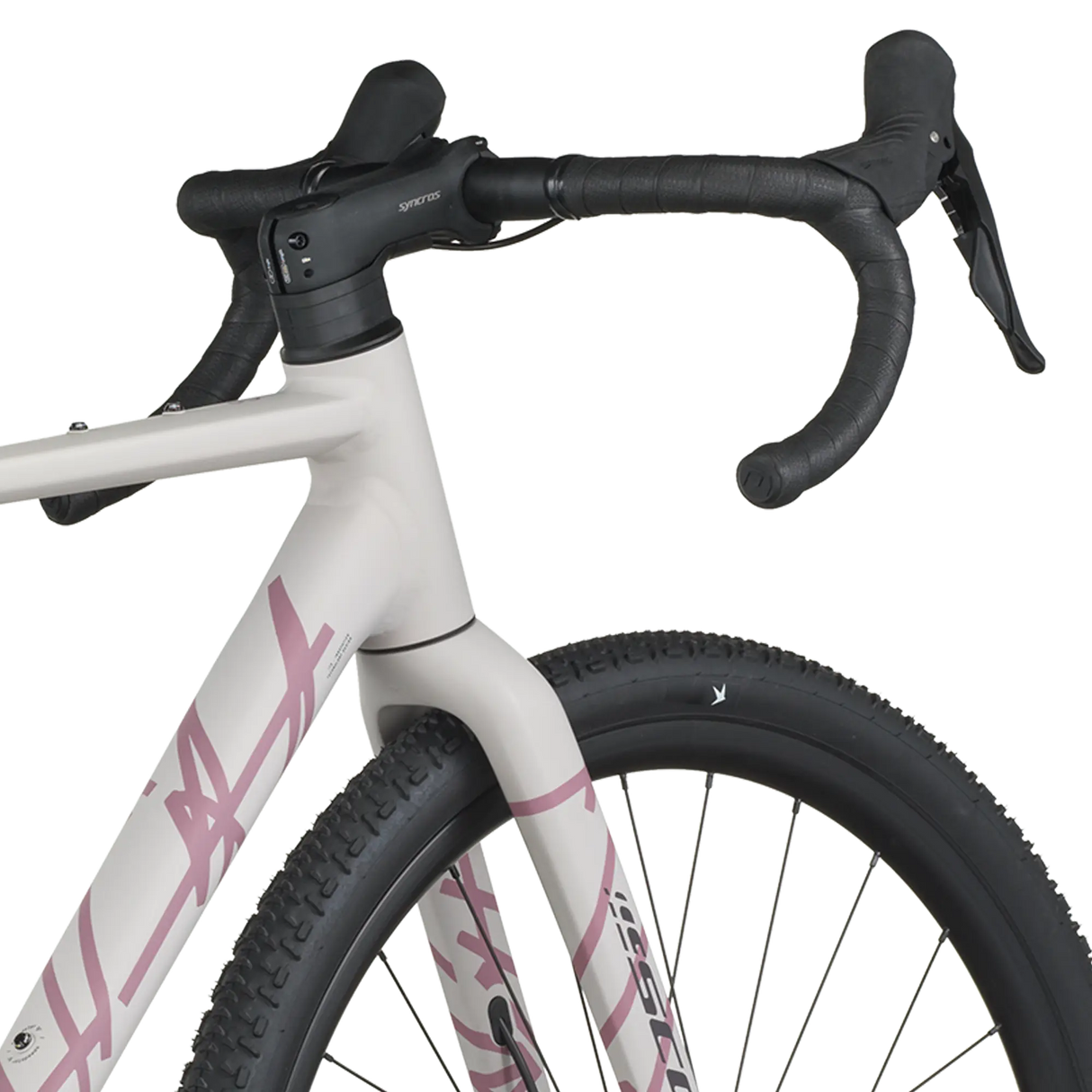 Close-up of a bicycle with white frame and pink lettering on a white background