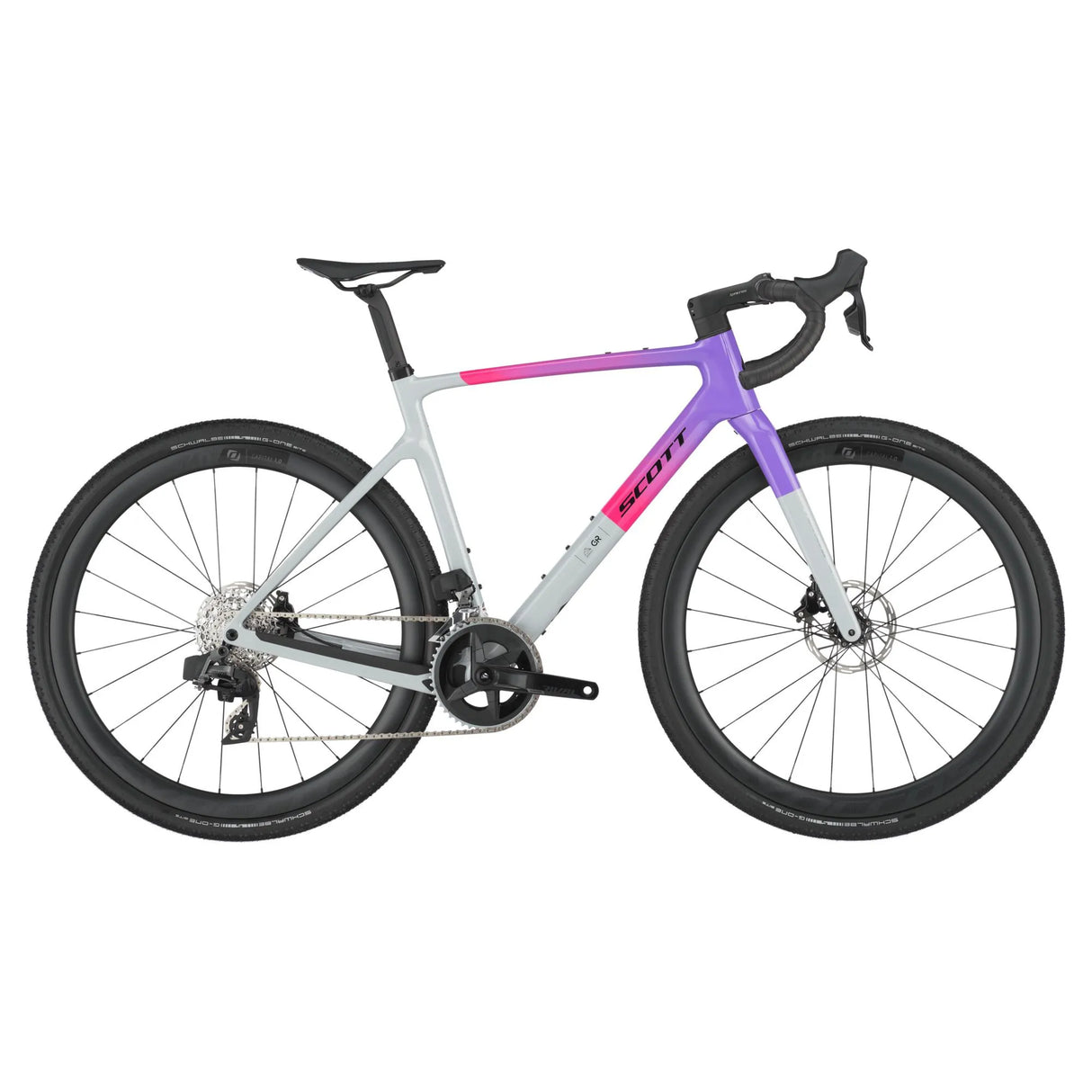 Scott Addict Gravel 20 Carbon Gravel Bike in gray with purple and pink accents, featuring disc brakes and carbon frame for off-road cycling.