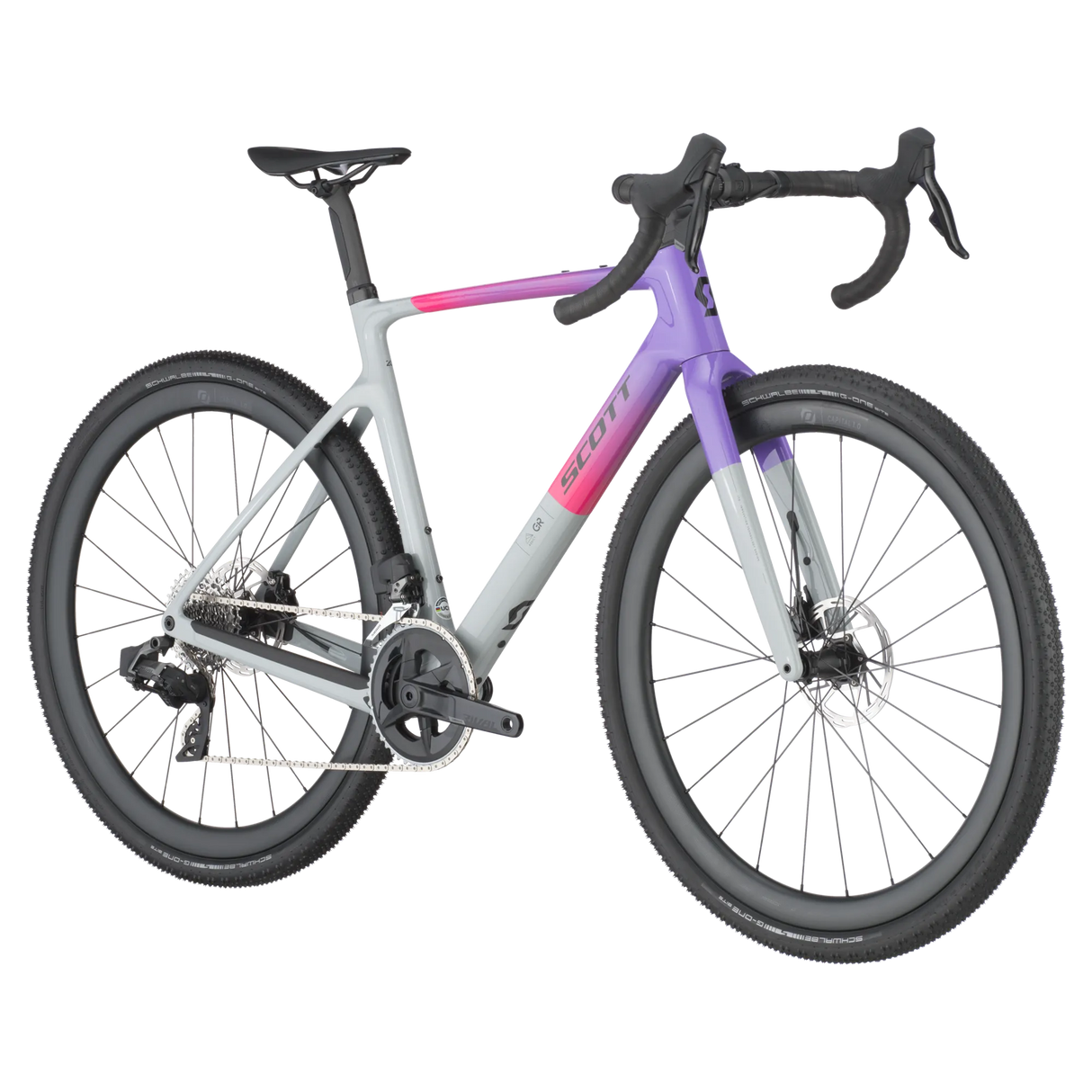 Side angle of Scott Addict Gravel 20 Carbon Gravel Bike in gray, purple, and pink, built for endurance and performance on gravel terrain.