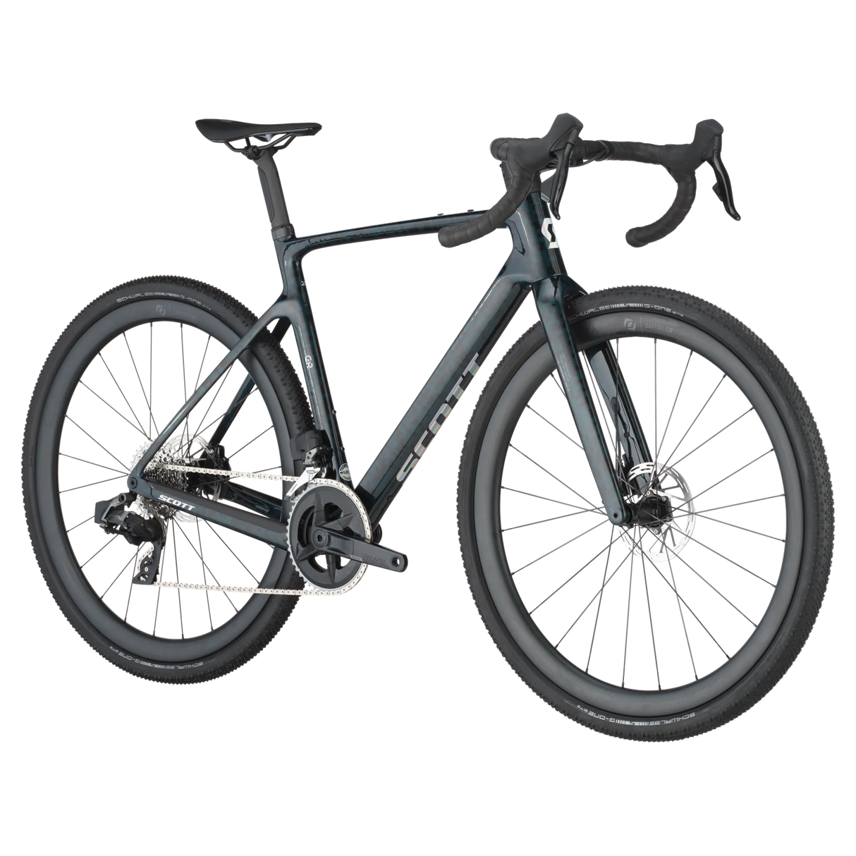 Angled view of Scott Addict Gravel 20 Carbon Gravel Bike in dark green, showcasing aerodynamic frame and disc brakes for gravel riding.