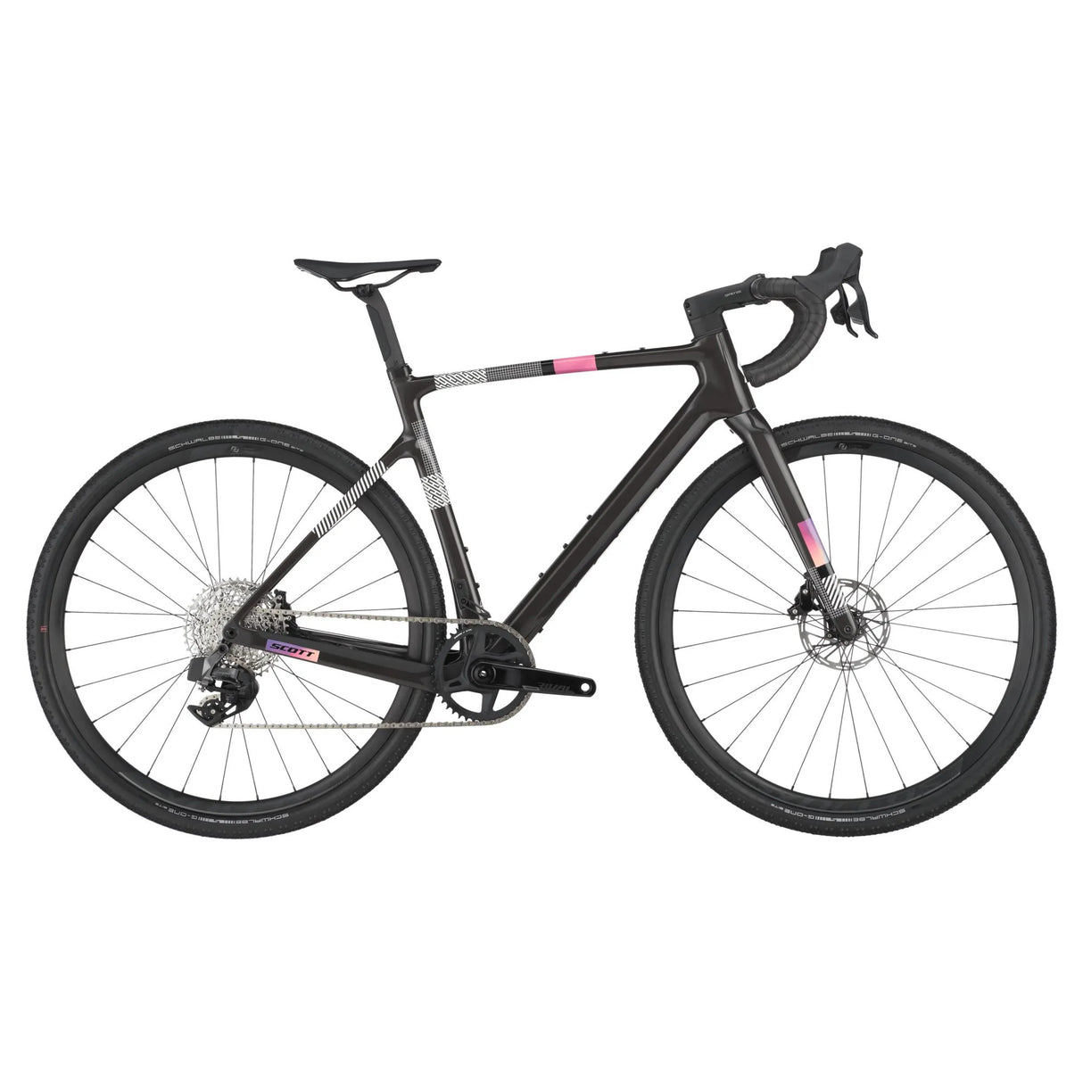 Scott Addict Gravel 30 gravel bike in matte black with pink and white accents, designed for high-performance off-road cycling on mixed terrains.