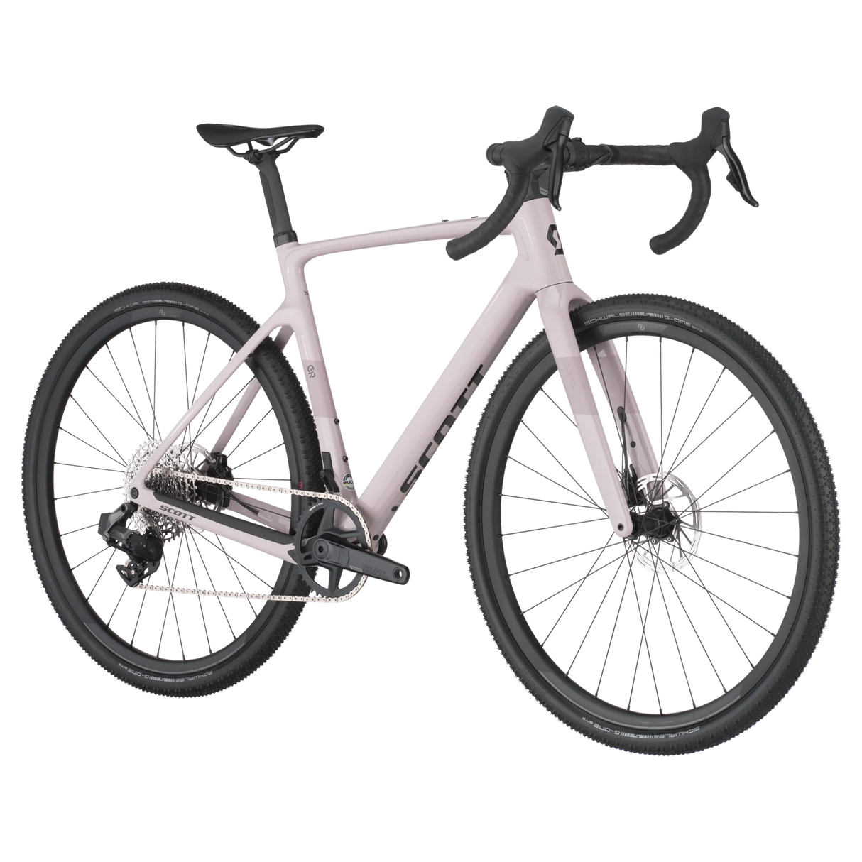 Side angle of Scott Addict Gravel 30 in light pink, featuring wide tires and carbon frame for optimal control on rugged gravel trails.