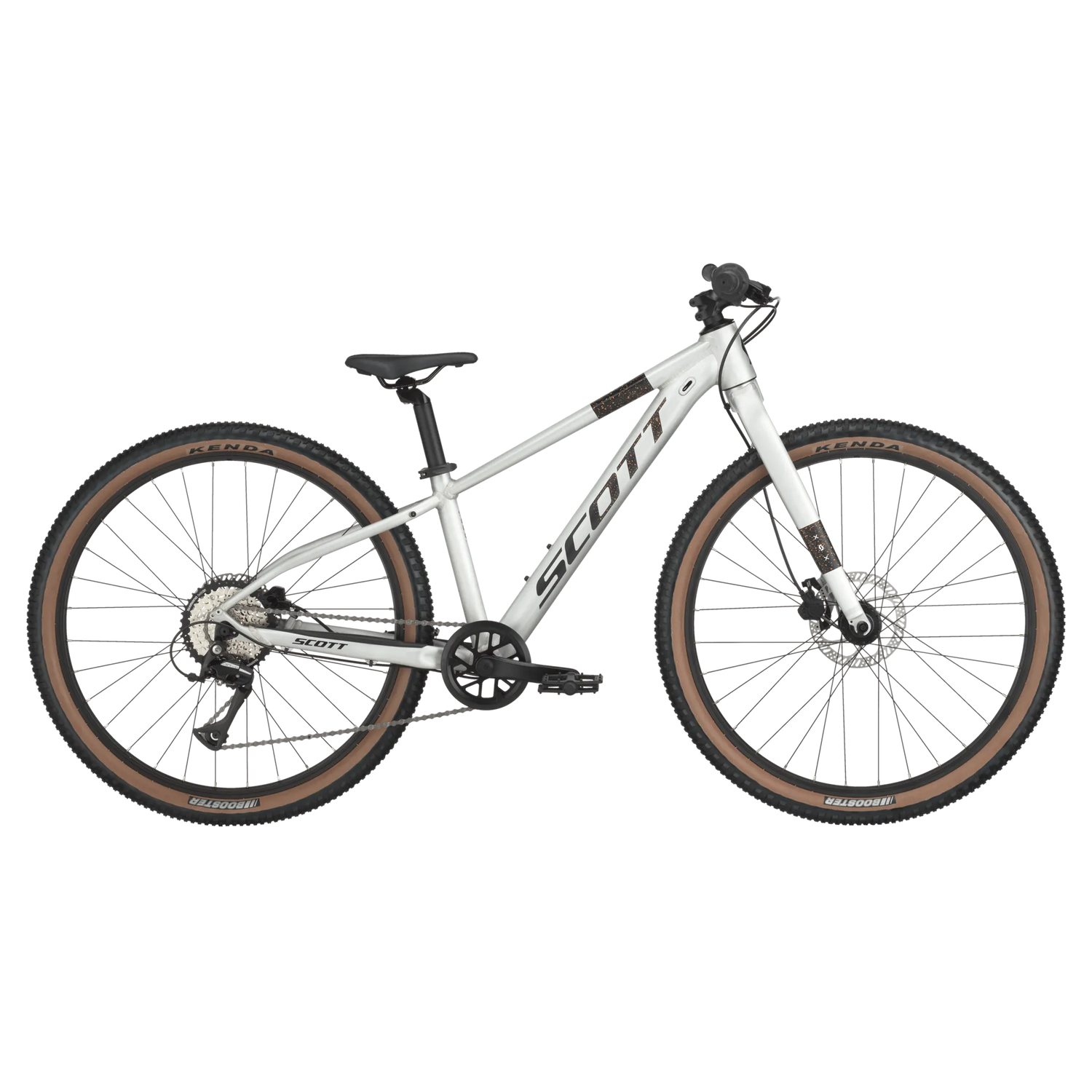 Scott Scale 600 26" Kids Bike in silver with brown Kenda tires, designed for young riders seeking performance and durability on trails.