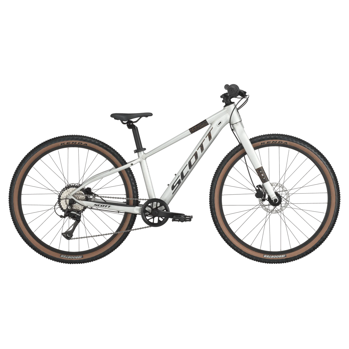 Scott Scale 600 26" Kids Bike in silver with brown Kenda tires, designed for young riders seeking performance and durability on trails.