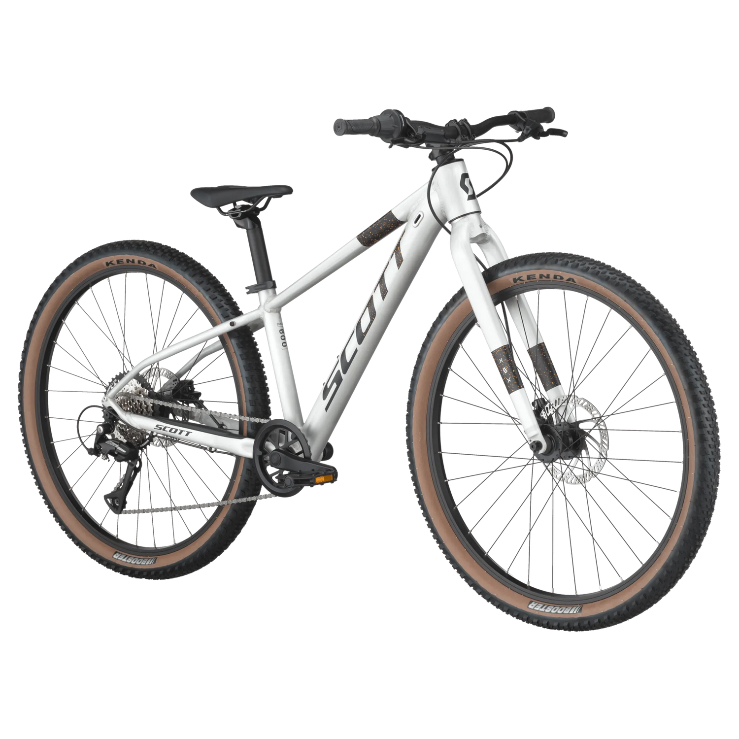 Angled view of Scott Scale 600 26" Kids Bike in silver, featuring disc brakes and a lightweight frame for off-road cycling adventures.