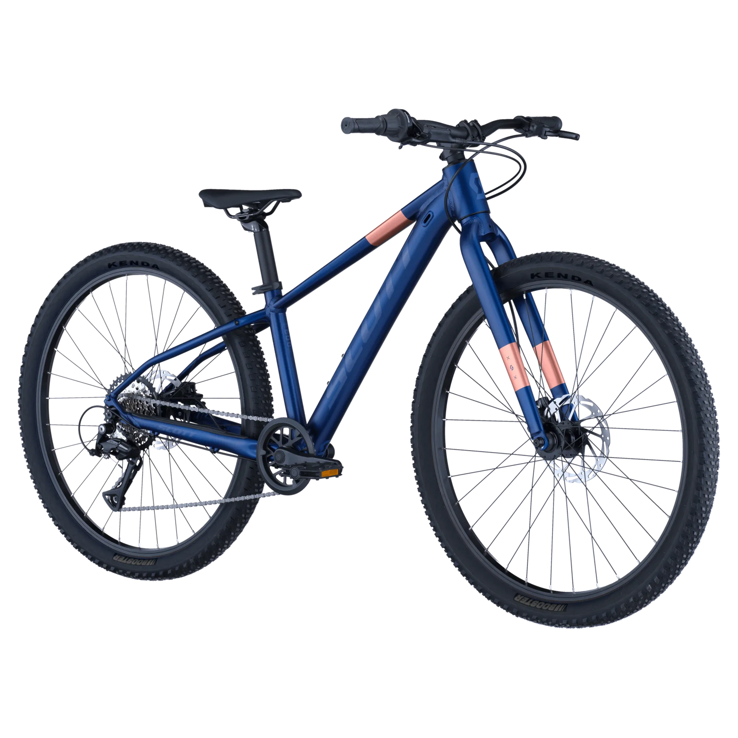 Front-side view of Scott Scale 600 26" Kids Bike in blue and pink, showcasing its rugged tires and ergonomic design for young cyclists.