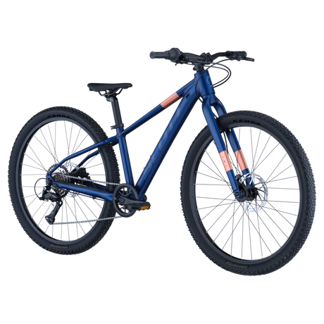 Front-side view of Scott Scale 600 26" Kids Bike in blue and pink, showcasing its rugged tires and ergonomic design for young cyclists.